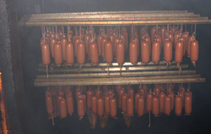 Mettwurst spread in cold smokehouse, also used for double smoking
